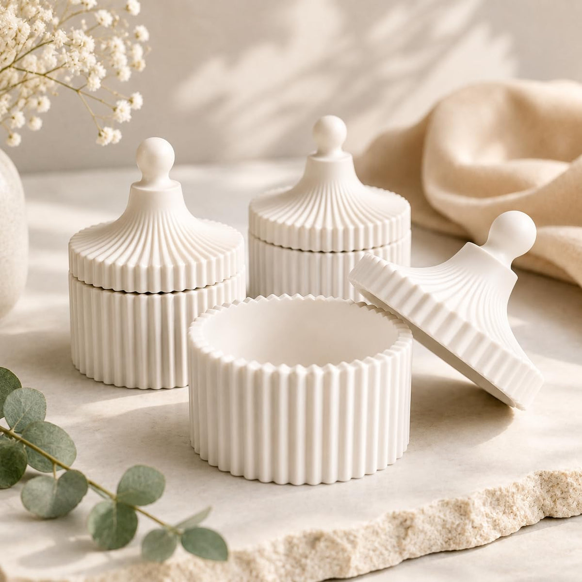 Ribbed Concrete Jar with Lid (Pack of 2)